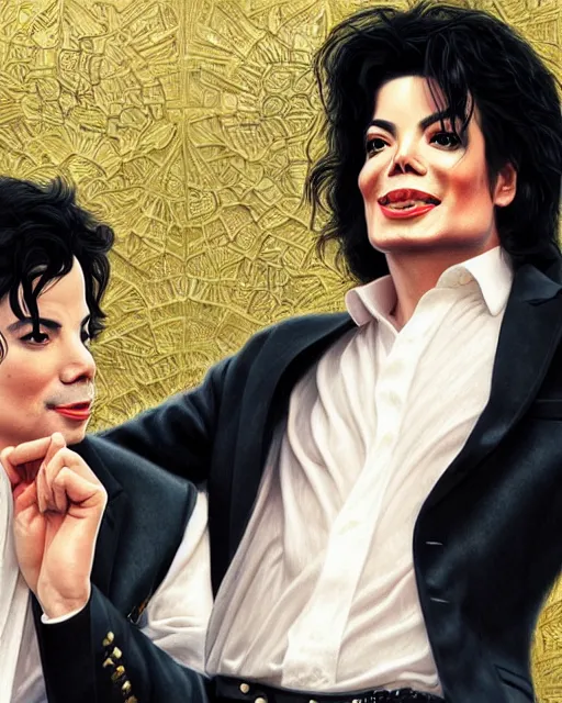 Image similar to Portrait Michael Jackson & Michael Mcintyre, drunk, in Ibiza, ,real life skin, intricate, elegant, highly detailed, artstation, concept art, smooth, sharp focus, art by artgerm and greg rutkowski and alphonse mucha