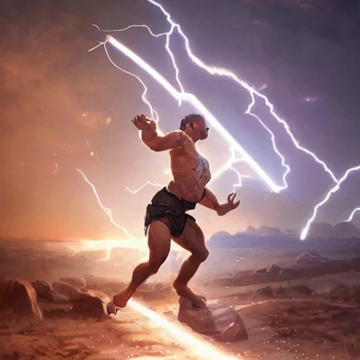 Image similar to benjamin netanyahu as a greek god shooting lightning bolts with his hands, highly detailed, by artgerm and greg rutkowski