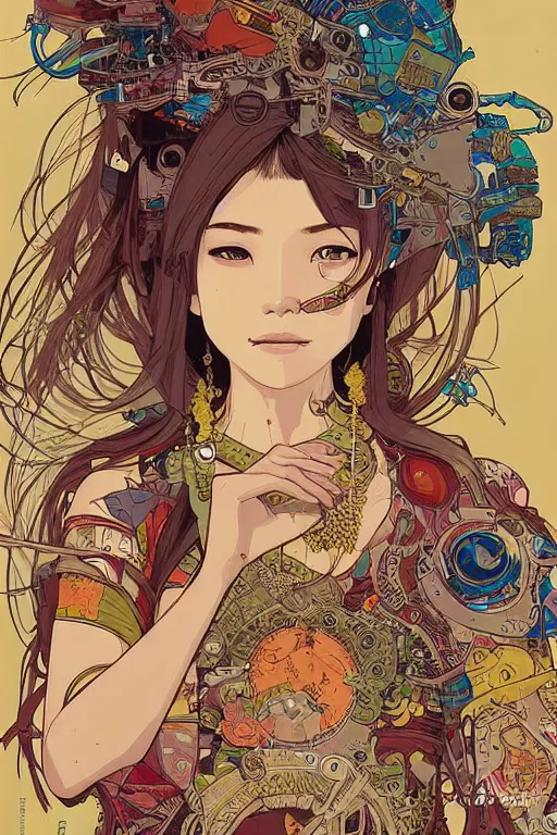 Image similar to beautiful cyborg portrait girl female illustration detailed patterns art of thai traditional dress, pop art, splash painting, art by geof darrow, ashley wood, alphonse mucha, makoto shinkai