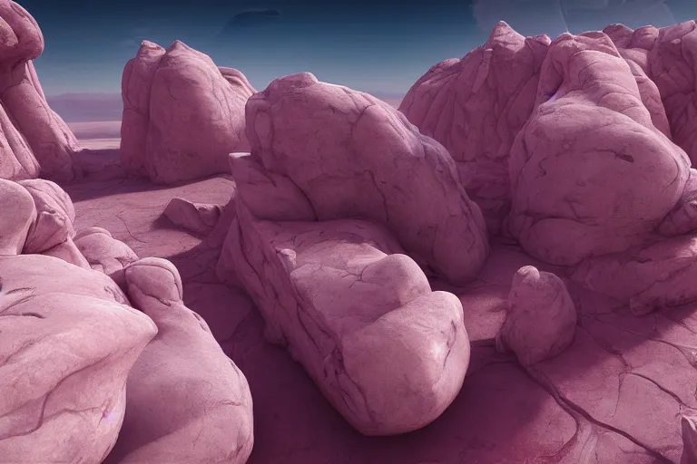 Prompt: pink desert, a broken white marble statue octane render detailed unreal engine 5 surrealism by leon tukker and jacek yerka