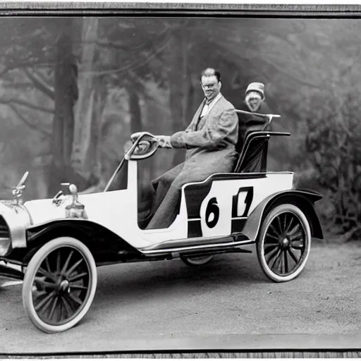 Image similar to an oldie car with wings and horse black-white retro photo 1910, man in front