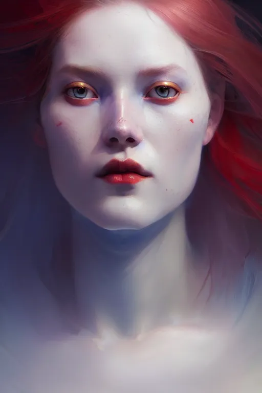 Image similar to portrait of a beautiful nordic woman, red eyes, blue haired, extremely detailed digital painting, in the style of fenghua zhong and ruan jia and jeremy lipking and peter mohrbacher, mystical colors, rim light, beautiful lighting, 8 k, stunning scene, raytracing, octane, trending on artstation