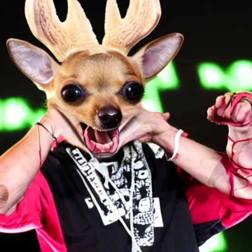 Prompt: deer head chihuahua rapping on stage. Photo.