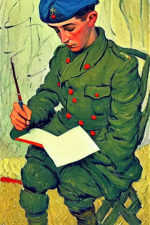 Prompt: a beautiful painting of a soldier writing a letter to home, in the trench, wwii, cuno amiet