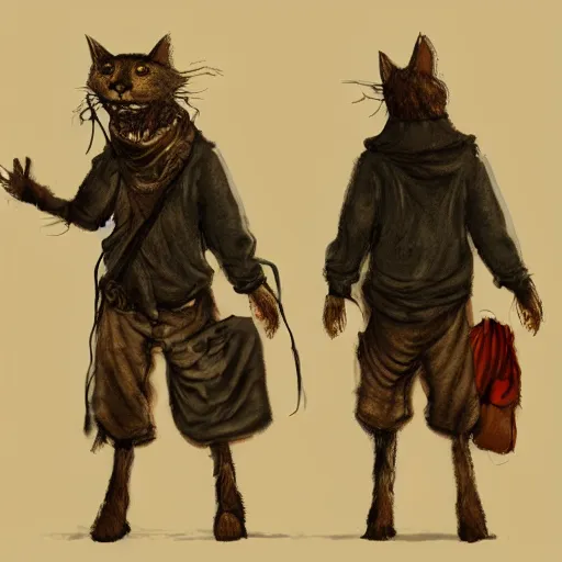 Image similar to dirty homeless humanoid cat wearing rags, concept art, d & d, fantasy, trending on artstation