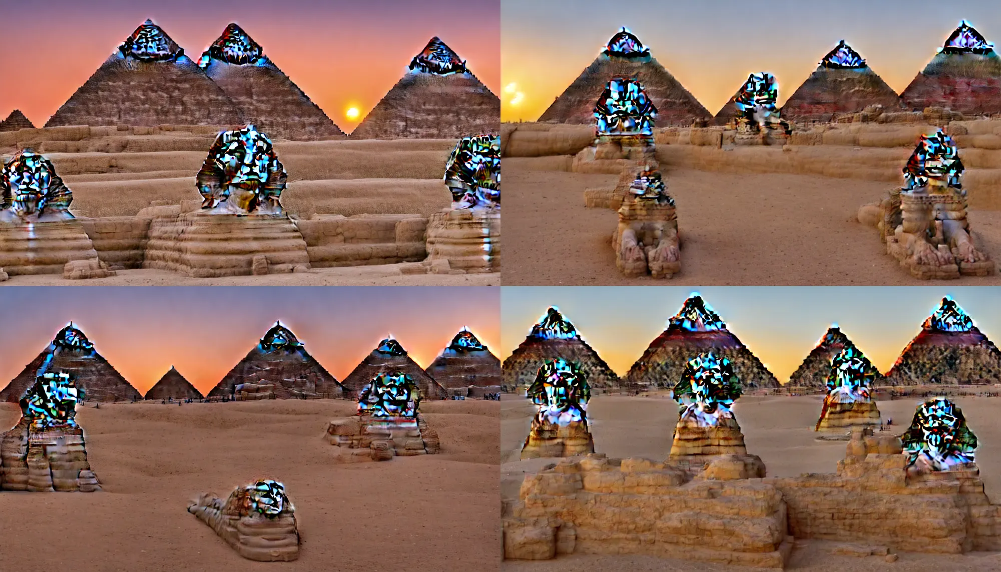 Prompt: the sphinx in front of the pyramids at sunset