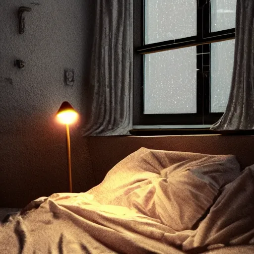 Image similar to on a rainy day, someone sits in bed, curled up under the covers, looking out the window, cinematic, artstation, extremely detailed, intricate, cinematic lighting