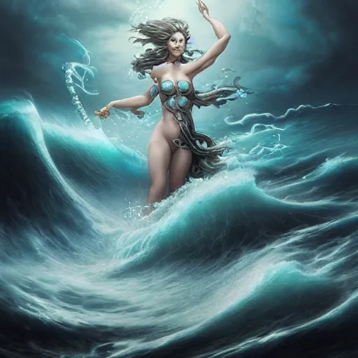 Prompt: powerful goddess of water striding through a stormy sea, highly detailed matte fantasy painting, stormy lighting, by Ross Tran and Artgerm and Peter Mohrbacher