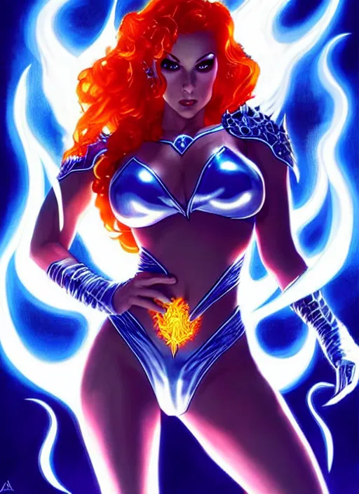 Prompt: front portrait hands behinds pose of attractive Starfire with ginger wavy hair using white gloves, hands behind her pose!, Intricate overlay flames imagery , D&D!, fantasy style, sharp focus!, ultra detailed, art by Artgerm and Peter Andrew Jones, WLUP