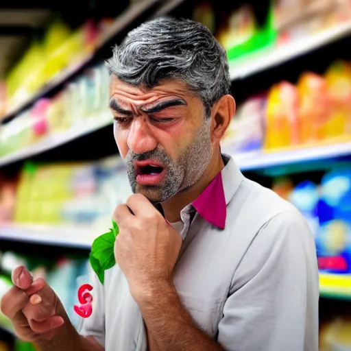 Prompt: very frustrated Poseidon annoyed and complaining with wild gestures to other customers at the supermarket, bokeh, Sigma 85mm, f/1.4