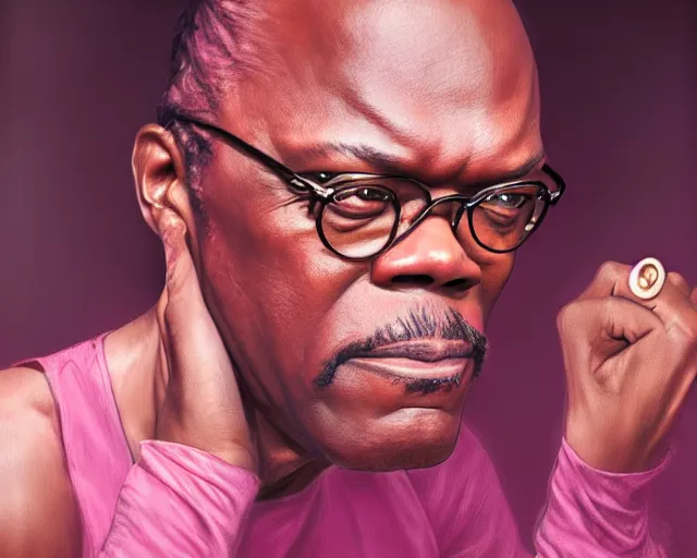 Image similar to photography of samuel l jackson in a pink ballerina outfit, deep focus, d & d and mtg, fantasy, intricate, elegant, highly detailed, digital painting, artstation, concept art, matte, sharp focus, illustration, hearthstone, art by artgerm and greg rutkowski and alphonse mucha