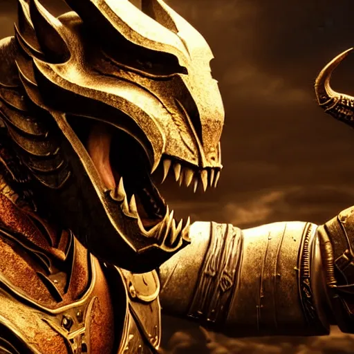 Prompt: selfie of the dragonborn, skyrim, fine detailed face, enb, stunning 3 d render inspired art by greg rutkowski and xiang duan and thomas eakes, realistic, highly detailed attributes and atmosphere, dim volumetric cinematic lighting, 8 k octane detailed render, post - processing, masterpiece, golden hour, soft focus