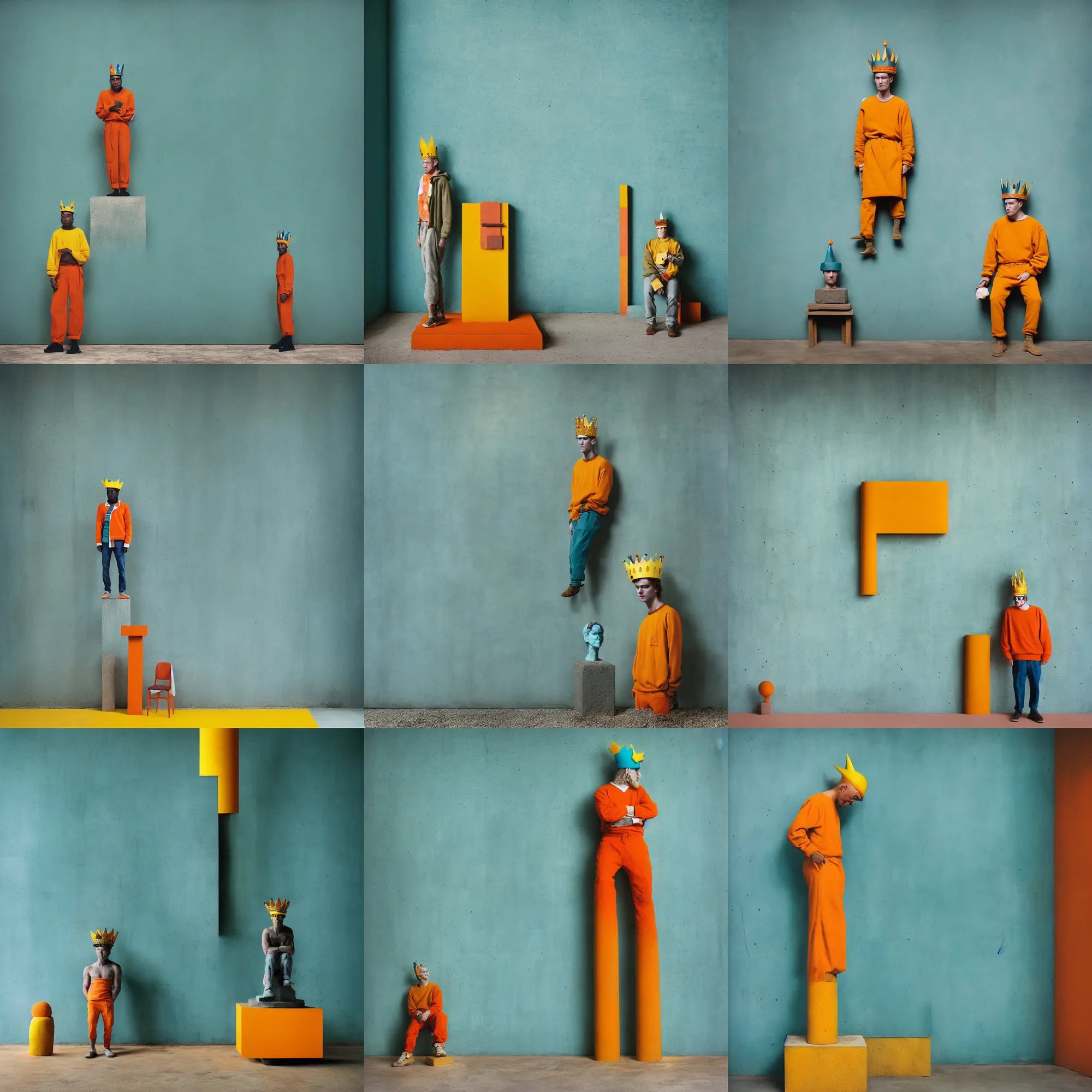 Image similar to kodak portra 4 0 0, 8 k, shot of a highly detailed, britt marling style, colour still - life portrait of a large minimalistic room, rough concrete walls, a single rough carved wooden teal and orange striped coloured statue is standing on a concrete podest with a yellow crown on his head, muted colours