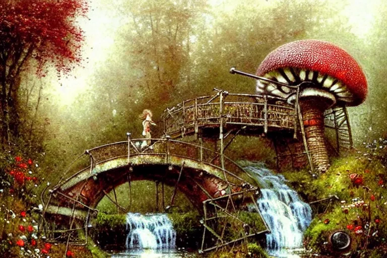 Prompt: adventurer ( ( ( ( ( 1 9 5 0 s retro future waterwheel and mill in forrest of giant mushrooms, moss and flowers stone bridge waterfall. muted colors. ) ) ) ) ) by jean baptiste monge!!!!!!!!!!!!!!!!!!!!!!!!! chrome red