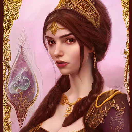 Prompt: A beautiful detailed portrait of a tempting young beautiful female fantasy sorceress with fair skin and long dark brown hair dressed in ornate magical clothing by Kirbi Fagan, trending on artstation