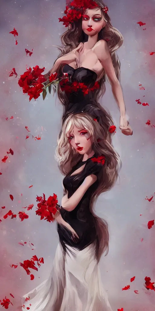 Prompt: a beautiful woman portrait with long blond hair, black lips, red flowers around, long white dress, moon behind, night light, cinematic atmosphere, rich details, concept art, best artstation, like rolf armstrong style,