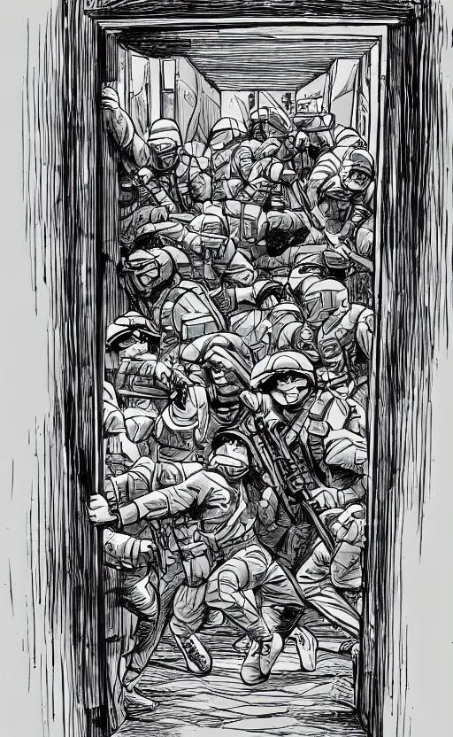 Image similar to soldiers breaching through a door illustrated by kim jung gius, detailed drawing, comic book drawing, black and white, ink drawing, strong perspective drawing