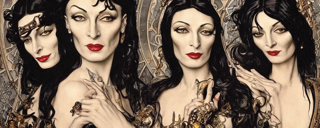 Image similar to stunning exotic art nouveau portrait of anjelica huston and morticia addams as industrial dieselpunk queens of the night by glenn fabry, simon bisley and alphonse mucha, photorealism, extremely hyperdetailed, perfect symmetrical facial features, perfect anatomy, ornate declotage, spikes, latex, confident expression, wry smile, sinister eyes