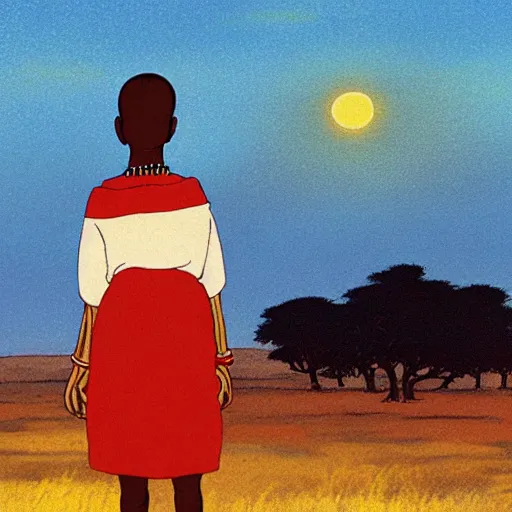 Image similar to a maasai girl standing in the savanna during a sunset by studio ghibli