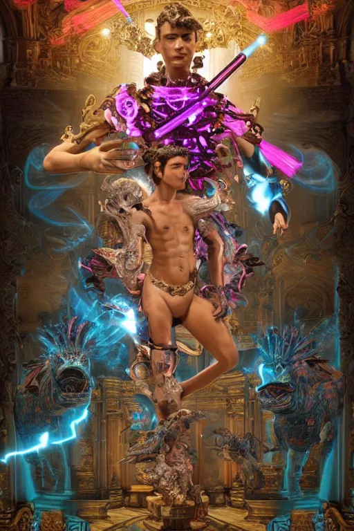 Image similar to full-body rococo and cyberpunk style sculpture of a young handsome Spanish prince half android with a chest exposing circuitry, glowing pink laser eyes, crown of blue gears and diamonds, swirling salmon-colored silk fabric, robotic raptors dinosaurs. baroque elements. full-length view. intricate artwork by caravaggio. Trending on artstation, octane render, cinematic lighting from the right, hyper realism, octane render, 8k, depth of field, 3D