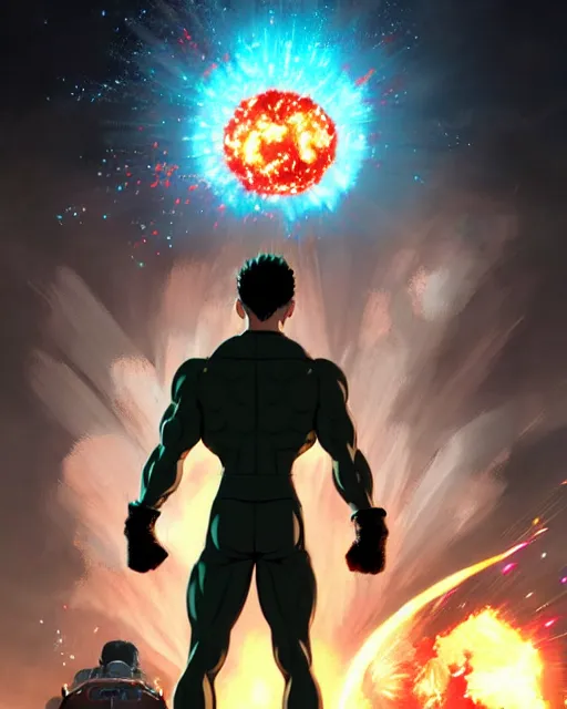 Prompt: gigachad luigi bodybuilder standing in front of a atomic blast like one punch man wearing a suit in the fight club city, fantasy character portrait, ultra realistic, anime key visual, full body concept art, intricate details, highly detailed by greg rutkowski, ilya kuvshinov, gaston bussiere, craig mullins, simon bisley