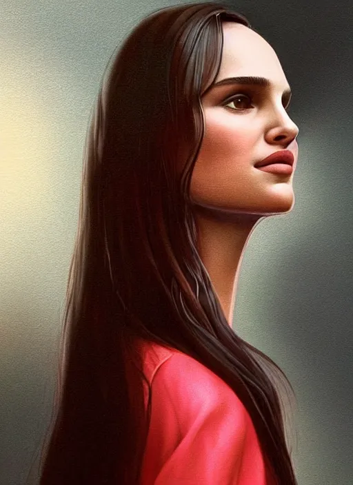 Image similar to portrait of teenage natalie portman, long haircut, flowing dark hair, white shirt, red tie, smiling kindly, forest at background, 1 9 8 0 s, intricate, elegant, glowing lights, highly detailed, digital painting, artstation, concept art, smooth, sharp focus, illustration, art by wlop, mars ravelo and greg rutkowski