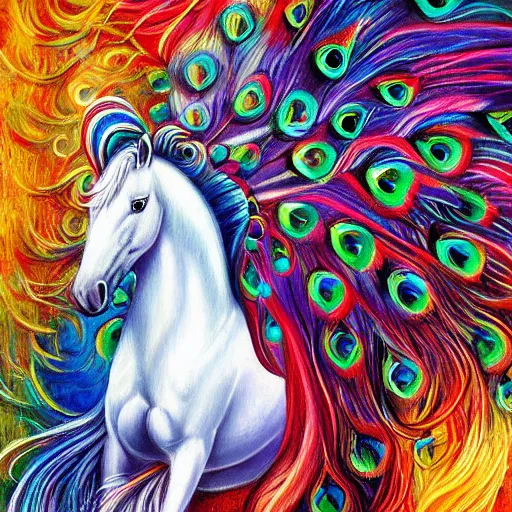 Prompt: beautiful white horse with peacock feather mane and peacock tail detailed painting in the style of josephine wall 4 k