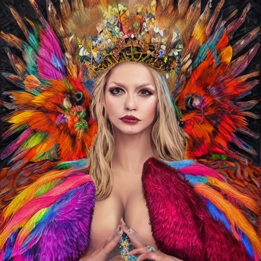 Prompt: Queen of the fae holding court while wearing a sleeveless feathered gown, powerful, intricate, hyper realism, colorful, 4k