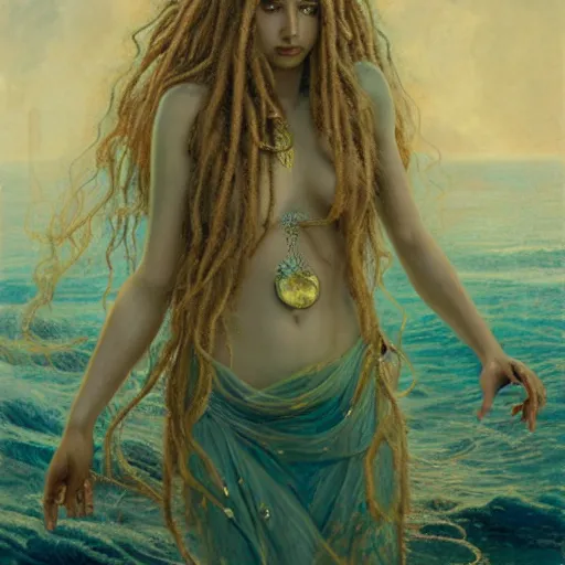 Image similar to birth of mami wata, sumerian goddess inanna ishtar, ashteroth, techno mystic goddess princess intergalactica, with aqua neon rapunzel dreadlocks, mami wata, detailed, by gaston bussiere, bayard wu, greg rutkowski, giger, maxim verehin, greg rutkowski, masterpiece, sharp focus,