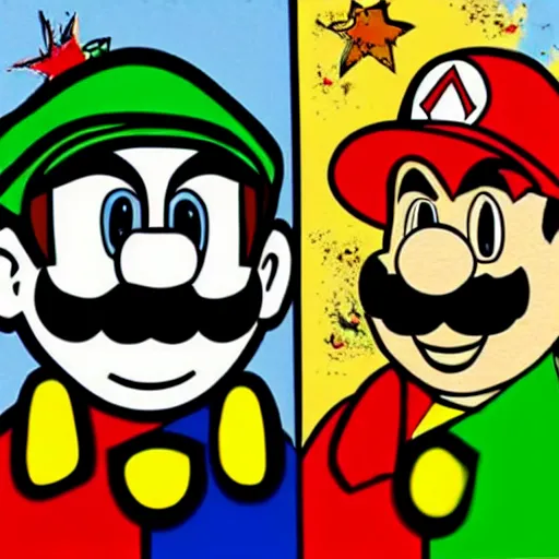 Prompt: a portrait of super mario and luigi in the style of andy warhol