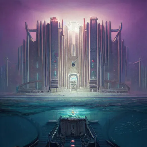 Image similar to beautiful painting of a white art-deco city under the ocean in the style of Simon Stålenhag and H. R. Giger, detailed, trending on Artstation