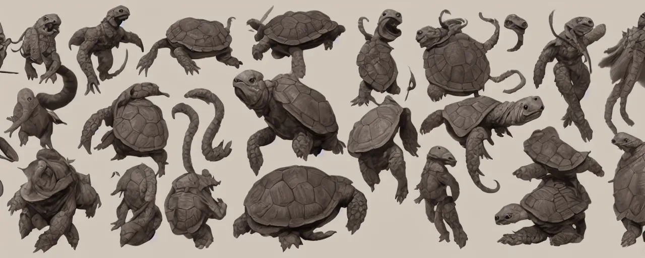 Prompt: character design, reference sheet,turtle shape design, cute, magic, shapeshifter, girl, ancient, concept art, photorealistic, hyperdetailed, 3d rendering! , art by Leyendecker! and constable,