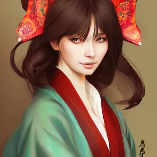 Image similar to A potrait of a beautiful, shapely woman with fox ears wearing a modest kimono, digital painting, by Stanley Artgerm Lau, WLOP, Rossdraws, LeraPi, and Sakimichan, digtial painting, trending on ArtStation, deviantart, SFW version