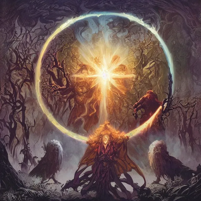 Prompt: a circle of druids conjuring the world into existence by greg rutkowski and frank frazetta and peter mohrbacher and william blake and dan mumford