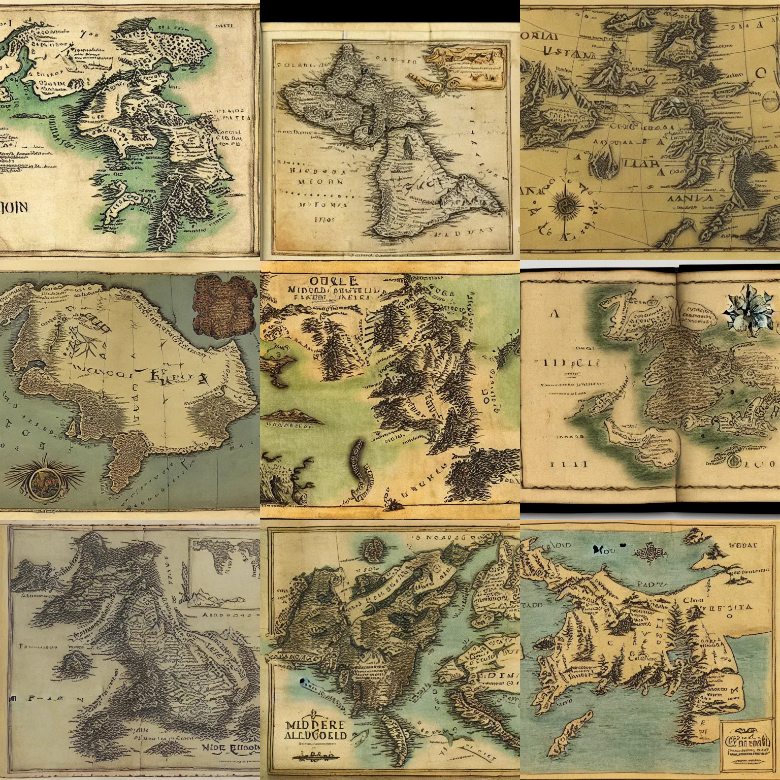 Prompt: map of middle earth, 1 7 0 0 s atlas, hand colored