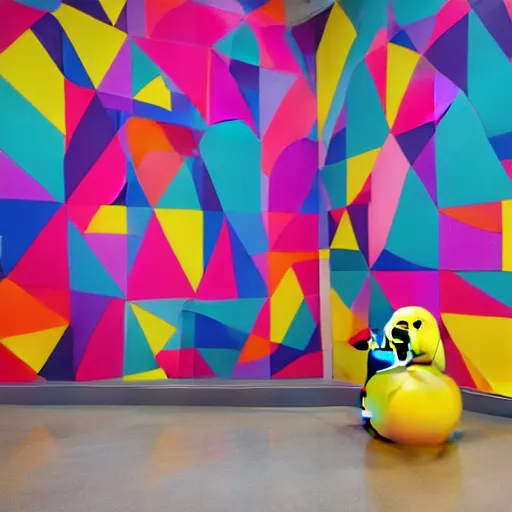 Image similar to a large rubber duck sits alone in a large room next to a birthday cake, the walls are covered with colorful geometric wall paintings in the style of sol lewitt.