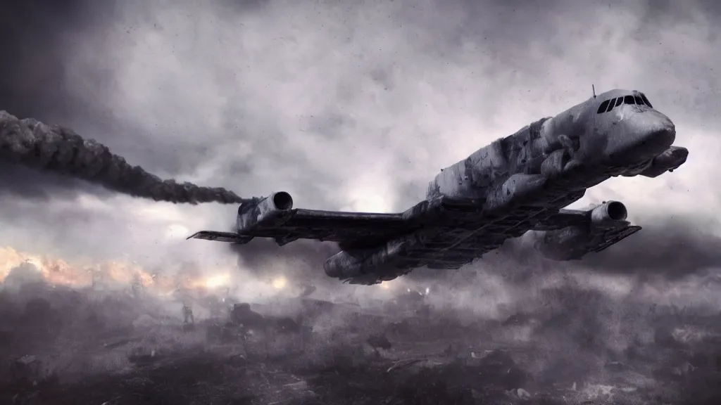 Prompt: an alternate reality c - 5 galaxy crashed and burning in a field, thick black smoke billowing, turbulent storm clouds, dystopian, fog, sharp focus, octane render, imax