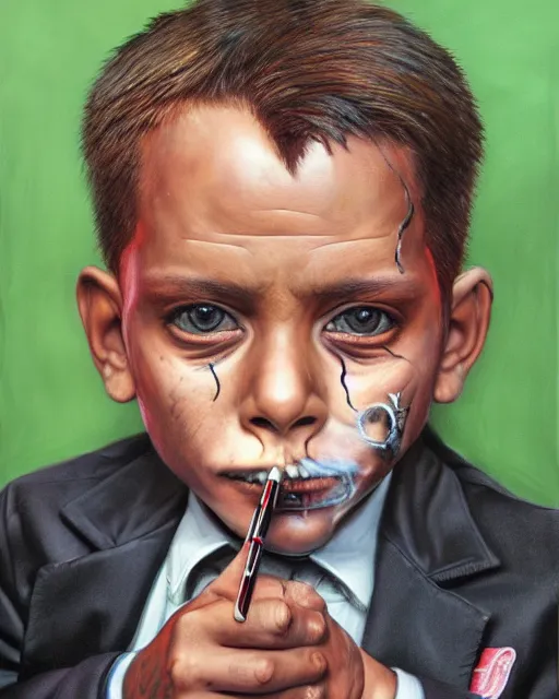 Image similar to portrait of a 7 year old child gang leader, gritty, wearing a suit, smoking, criminal, very detailed eyes, hyperrealistic, very detailed painting by Glenn Fabry, by Joao Ruas, by Artgerm