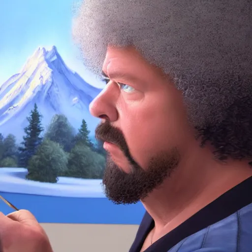 Image similar to a closeup photorealistic photograph of bob ross painting an image of kenny powers pitching a baseball on a canvas. mountains and trees. film still. brightly lit scene. this 4 k hd image is trending on artstation, featured on behance, well - rendered, extra crisp, features intricate detail, epic composition and the style of unreal engine.