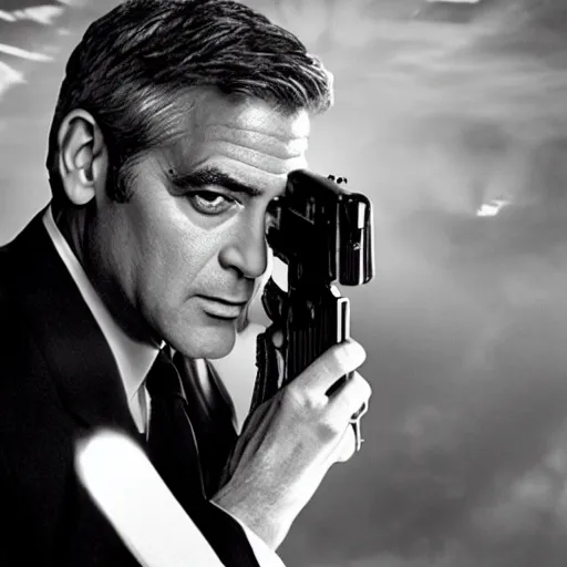 Image similar to George Clooney as James Bond, with pistol, cinematic photograph, dramatic background