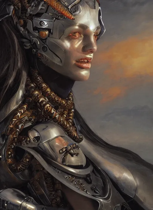 Image similar to symmetry! closeup portrait of a biblical diabolical hunter model girl, cyborg armor, in clouds, cinematic studio light! windy, venom, sunset, by gerald brom, by mikhail vrubel, by peter elson, high contrast, muted colors, extreme detail, mirrors! trending on artstation, 8 k