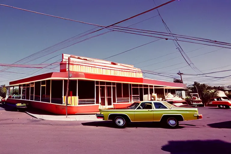 Image similar to 1 9 7 5 gumbo, people sitting at tables, googie architecture, two point perspective, americana, cooking photography, hd 4 k, taken by alex webb