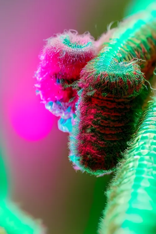 Image similar to high quality macro photo translucent fluffy caterpillar! gorgeous highly detailed hannah yata elson peter cinematic pink lighting high quality low angle hd 8k sharp shallow depth of field