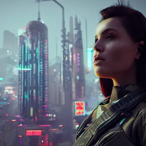 Image similar to trending on artstation 4k, unreal engine render, beautiful close-up illustration of military woman standing in cyberpunk city