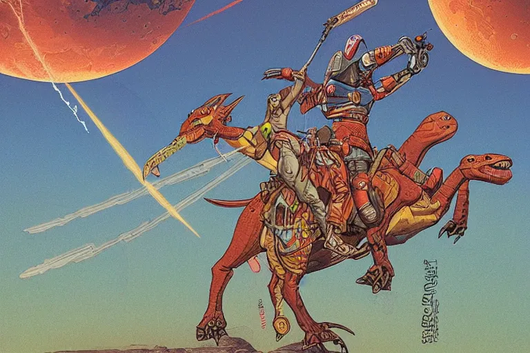 Image similar to beautiful amazons riding dinosaurs on mars against a backdrop of canyons, mercury rainbows in the sky and space fighters shooting, artwork by jean giraud