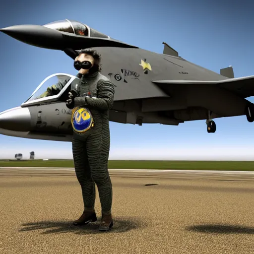 Image similar to a highly detailed ultra realistic photograph of a cow dressed in a fighter jet jumpsuit and mask