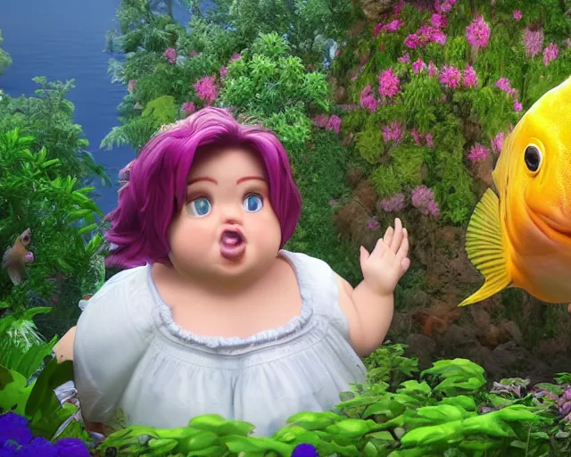 Prompt: of a very beautiful scene. ambient occlusion render. a sweet fat little girl is in love with a huge, colorful and beautiful fish. hyper realistic. 4 k. wide angle. in the baroque style. wild. symmetrical face, red mouth, blue eyes. deep focus, lovely scene. ambient occlusion render. garden. unreal engine.