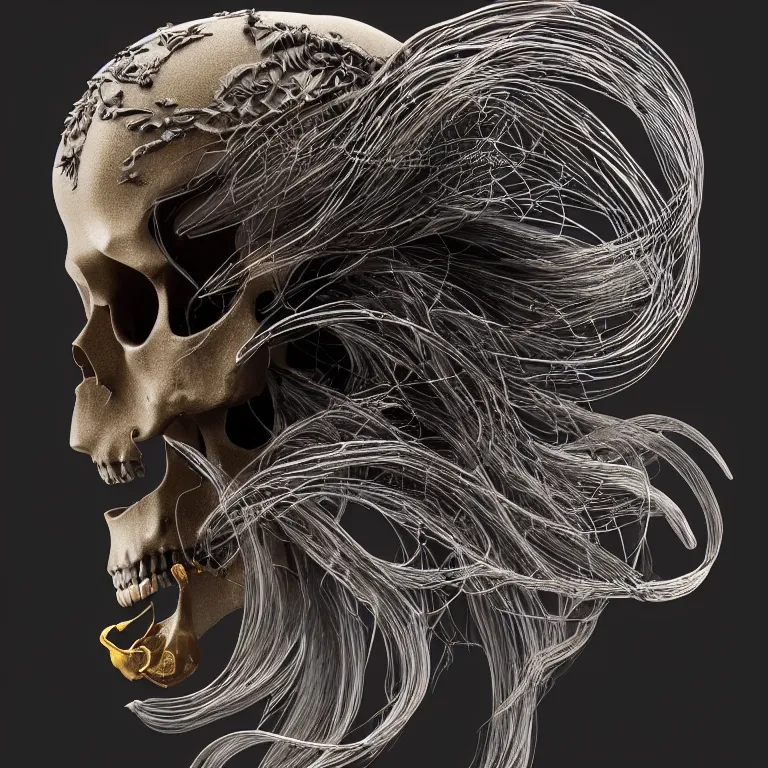 Image similar to black background. absolutely symmetrical sculpture. centered. goddess princess face close-up portrait ram skull. sculpture made of gold and black charcoal. jellyfish phoenix head, nautilus, orchid, skull, betta fish, bioluminiscent creatures, intricate artwork by Tooth Wu and wlop and beeple. octane render, trending on artstation, greg rutkowski very coherent symmetrical artwork. cinematic, hyper realism, high detail, octane render, 8k