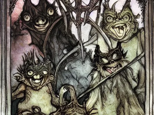 Image similar to gremlins in a castle by arthur rackham and by Tony DiTerlizzi and by brian froud