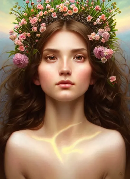 Prompt: perfectly feminine face!! full body portrait of young fairy earth goddess blessed by nature, floral sunlight crown, light brown hair, symmetrical! intricate, sensual features, dewy skin, reflective skin, highly detailed, digital painting, artstation, concept art, smooth, sharp focus, soft lighting, illustration, art by artgerm and greg rutkowski and alphonse mucha